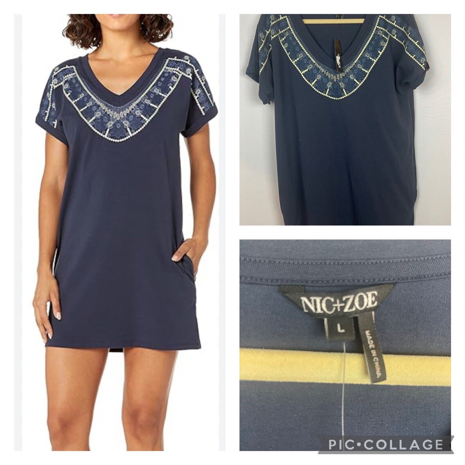Nic+Zoe V-Neck Embroidered S/S T-Shirt Mini Shift Dress Navy Blue - L New
